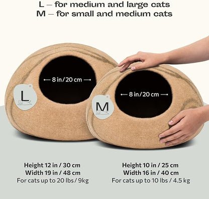MEOWFIA Cat Cave – Premium Felt Cat Bed for Indoor Cats, Handmade 100% Merino Wool (Beige, Medium)