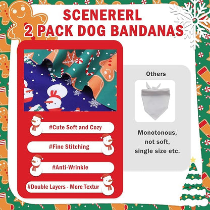 SCENEREAL Christmas Dog Bandanas 2 Pack, Puppy Snowman Xmas Triangle Bibs Handkerchief, Reversible Holiday Dog Bandana for Boy and Girl, Premium Pet Scarf for Small Medium Large Dogs XL