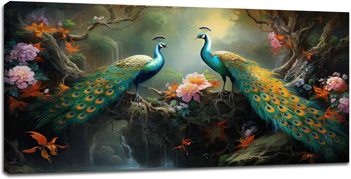 Large Peacock Wall Art Aesthetic Bird Canvas Living Room Pictures Framed Prints Floral Modern Wall Decor Painting Artwork for Bedroom Dining Office Home 60"x30"