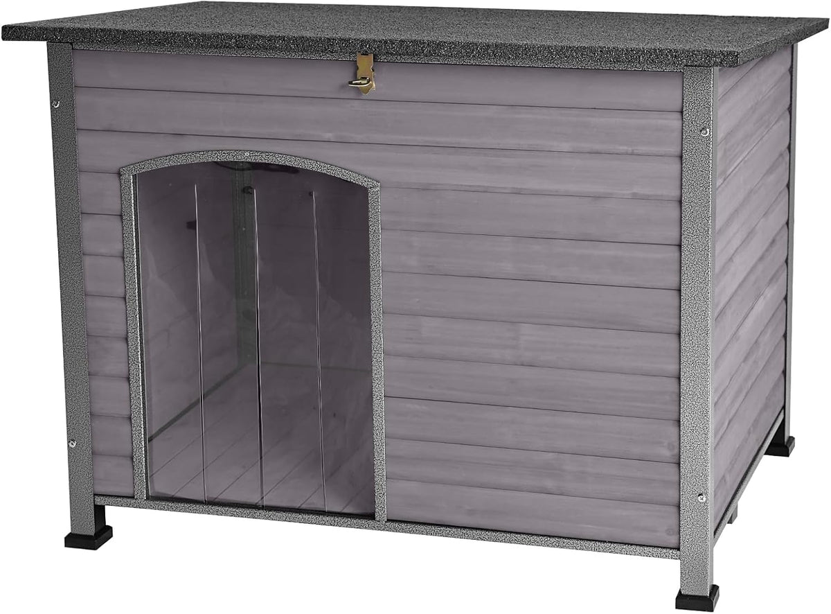 Indoor Outdoor Dog House,Anti-Chewing Iron Frame Dog Kennel,Wood Warm Pets Home,Weatherproof Outside Shelter