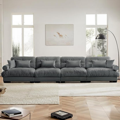 166" Grey Modular Sectional Sofa, 4 Seater Large Sectional Couches for Living Room, Velvet Fabric Oversized Fluffy Cloud Couch with Ottoman, Deep Seat Home Sofas Set, Sofá Moderno