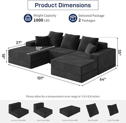 Living&Giving 101" U-Shaped Cloud Sectional Couch for Living Room, Cloud Boneless Couch-No Assembly with Reversible Chaise, Customizable 3-Seat Modular Sectional Sofa with 2 Ottoman, Black