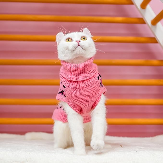 Mihachi Winter Warm Cat Sweater Turtleneck Puppy Pets Sweater Knit Vest Fashion Leopard for Cats Puppy Small Animals Pink Large