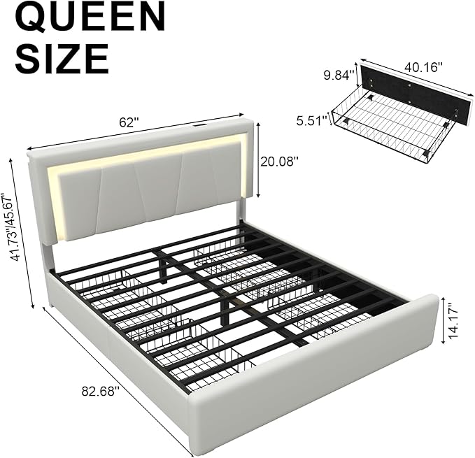 Queen Size Bed Frame with 4 Storage Drawers and LED Lights, Upholstered Platform Bed with Adjustable Headboard and Charging Station, Metal Slats Support, No Box Spring Needed,Easy Assembly, White