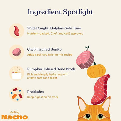Made by Nacho Flaked Filets Recipe in Bone Broth, Grain-Free Chef's Selects Wet Food for Cats Balanced Diet in Naturally Hydrating Pumpkin-Infused Broth (3.0 oz (Pack of 12), Tuna & Bonito)