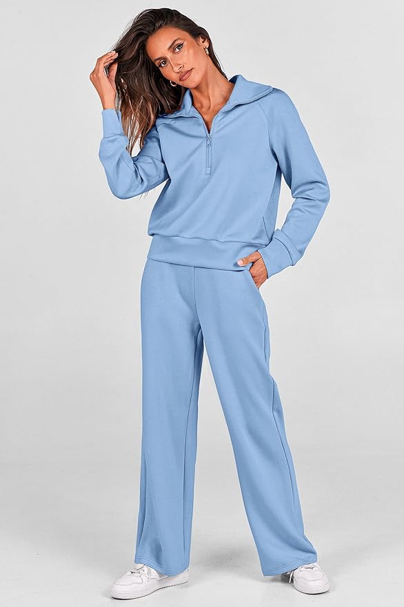 PRETTYGARDEN Women's 2 Piece Outfits Casual Lapel Half Zip Sweatshirts and Wide Leg Pants Tracksuit Sets