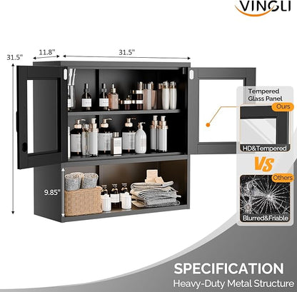 VINGLI Metal Wall Cabinet with Locking Glass Doors & Magnetic LED Sensor Light
