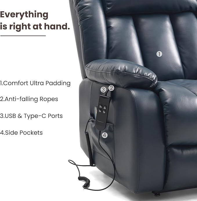 PARKOL Dual Motor Power Lift Recliner Chair for Elderly, 180-Degree Infinite Position Lay Flat Leather Recliner Chairs, with Massage and Heating, USB & Type-C Port and Remote (Dark Blue, Medium)