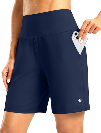 Women's Athletic Shorts with Zipper Pocket 7" High Waisted Stretchy Bermuda Shorts for Women Workout Running Casual