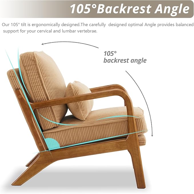 Karl home Mid-Century Modern Accent Chair, Living Room Chairs with Pillow Upholstered Lounge Armchair with Solid Wood Frame & Soft Cushion for Bedroom, Reading Room, Corduroy Khaki (Low Back)