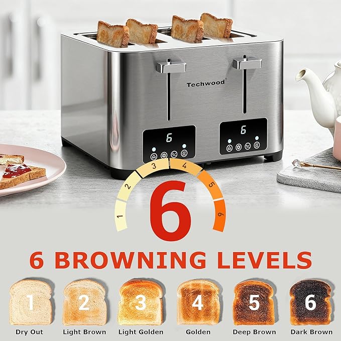 Toaster 4 Slice, Techwood Stainless Steel 4-Slice Toaster Wide Solt