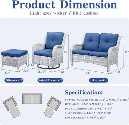 Belord 5 Piece Outdoor Patio Furniture Set - Patio Wicker Furniture Conversation Set, Outdoor Swivel Rocker Chairs with Loveseat Sofa and 2 Ottomans for Small Space, Blue Cushion