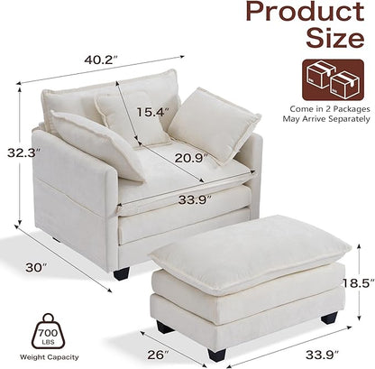 SweetGO corporation 40" Chenille Lounge Chair for Reading, Modern Couch Cozy Sofa Bed, Upholstered Living Room Single Sofa Accent Chair with Ottoman, Beige