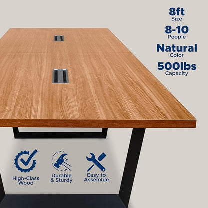 ahliss Sturdy Conference Table with Cable Management Grommets Modern Rectangle Office Meeting Table with Wood Tabletop and Metal Frame & Legs- Easy Assembly Boardroom Table (Natural, 8 Foot)
