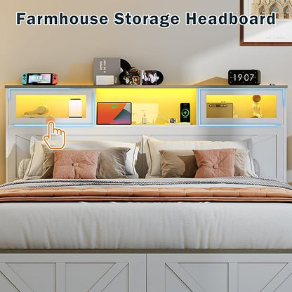 Yoobure Farmhouse Queen Bed Frame with Headboard - Bed Frame Queen Size with Charging Station & LED Lights, Wood Bedframe Queen-Size with 2 Storage Drawer, Platform Beds, No Box Spring Needed, White