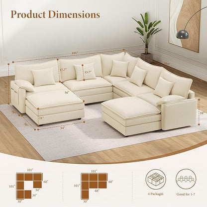 Vesgantti 101" V-Shaped Corner Couch Sectional, 7 Seat Customizable Modular Cloud Couches with Movable Ottoman, Chenille Deep Seat Sofa Set with Chaise for Living Room, Bedroom and Apartment, Beige