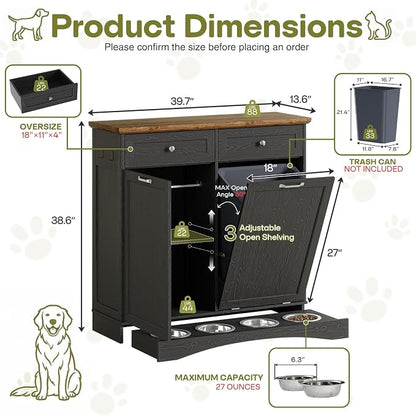 Furnaza Pet Feeding Station with 4 Bowls,Dual Doors Dog Cabinet Storage | Black 39.7"W Dual Doors Pet feeding station with storage for dogs and cats, Pet Food Storage for Kitchen, Living Room