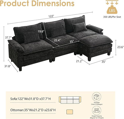 URRED Cloud Couch Modular Sectional Sofa, 122'' Modern L Shaped Deep Seat Sofa with Ottoman & Pillows, Ultra Comfy Chenille Couches for Living Room, Bedroom or Apartment, Black