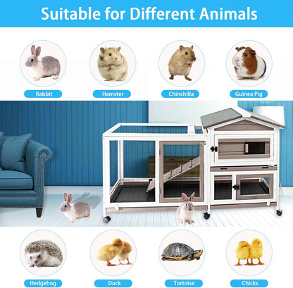Rabbit Hutch Indoor Outdoor Two Story Bunny Hutch with Wheels Guinea Pig Cage with Removable No Leaking Tray Wooden Pet House