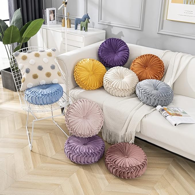 vctops Purple Velvet Seat Cushions Round Floor Pillows Thicken Chair Cushions Pleated Chair Pads Seat Pad Throw Pillows for Bedroom Living Room (Light Purple,Diameter 14")