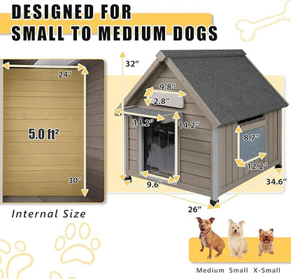 Small Dog House Indoor, Wooden Outdoor Dog House with Waterproof Roof, Chew-Proof Iron Frame, Doghouse Kennel Puppy Shelter for Small Medium Dogs, 26''x34.6''x32''