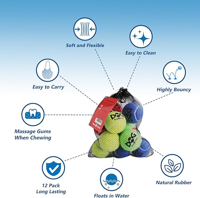 Tennis Balls for Dogs - Bulk 50 Pack 2.5'' Durable Non-Toxic Outdoor Dog Toys Balls with Mesh Bag, SGS Certified, Colorful Fetch Toys, Medium Large Breeds (Non Squeaky)