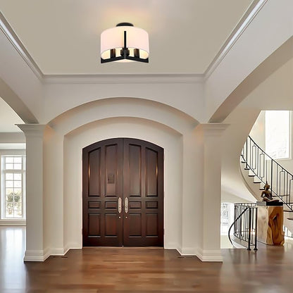 14 inch Black Semi Flush Mount Ceiling Light, 3-Light Modern Lighting Fixtures Ceiling Mount with White Drum Fabric Shade for Bedroom Entryway Hallway