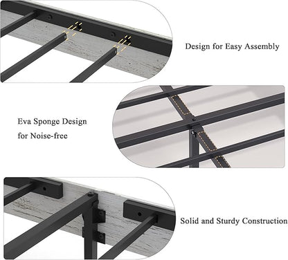 Farmhouse Wooden Bed Frame Queen Size with Storage Headboard, Boho Platform Bedframe with LED Lights and Charging Station, Metal Slats Support, No Box Spring Needed, White