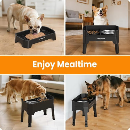 URPOWER 3-in-1 Elevated Dog Bowls - Mess Proof Double Deck 4 Height Adjustable Raised Stand with Stainless Steel Bowl & Slow Feeder & Licking Plate for Small, Medium & Large Dogs