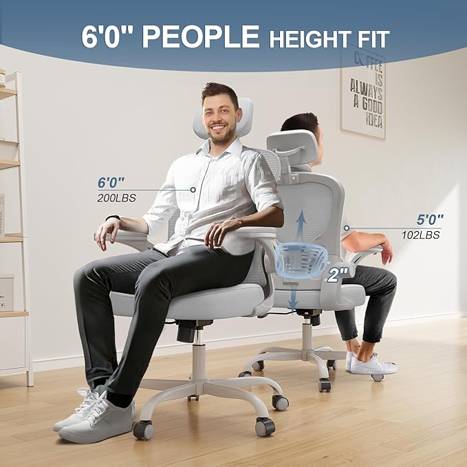 Office Chair Ergonomic Desk Chair, 330LBS Capacity, High Back Computer Chair for Long Hours Comfortable, Rolling Swivel Executive Task Chair for Home Office with Flip-up Armrests（Grey）