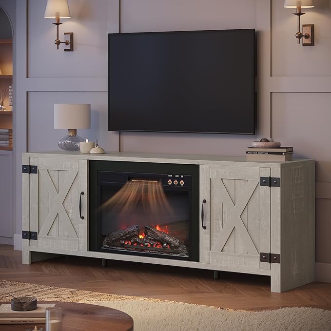 Bestier 63" Fireplace TV Stand for TVs Up to 70", Farmhouse Barn Door