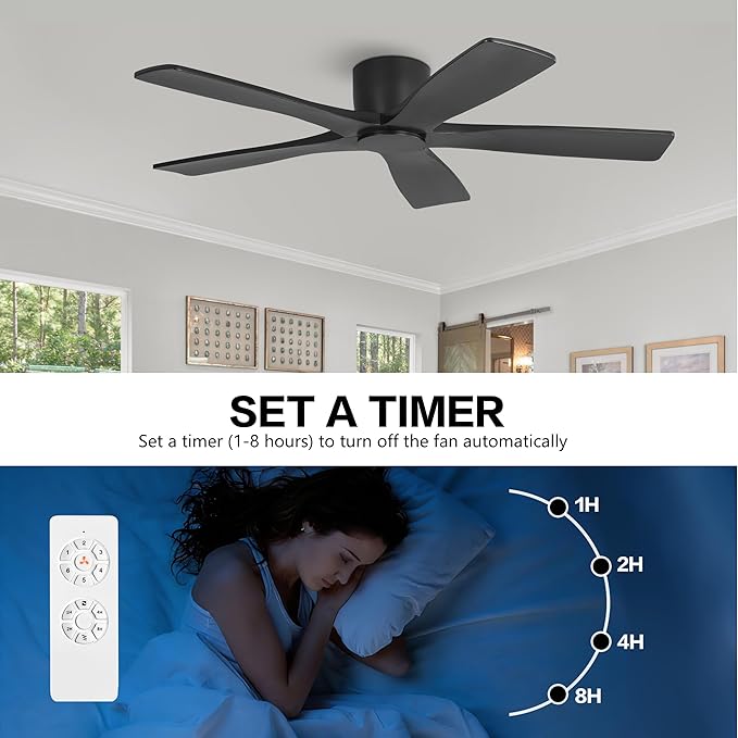 WINGBO 54" Flush Mount DC Ceiling Fans Without Lights, 5 Carved Solid Wood