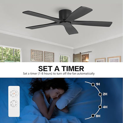 WINGBO 48" Flush Mount DC Ceiling Fans Without Lights, 5 Carved Solid Wood