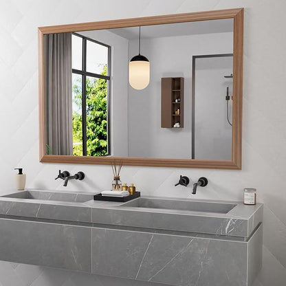 Amorho Bathroom Mirror for Wall, 60X40 Inch Walnut Wood Grain Metal Framed