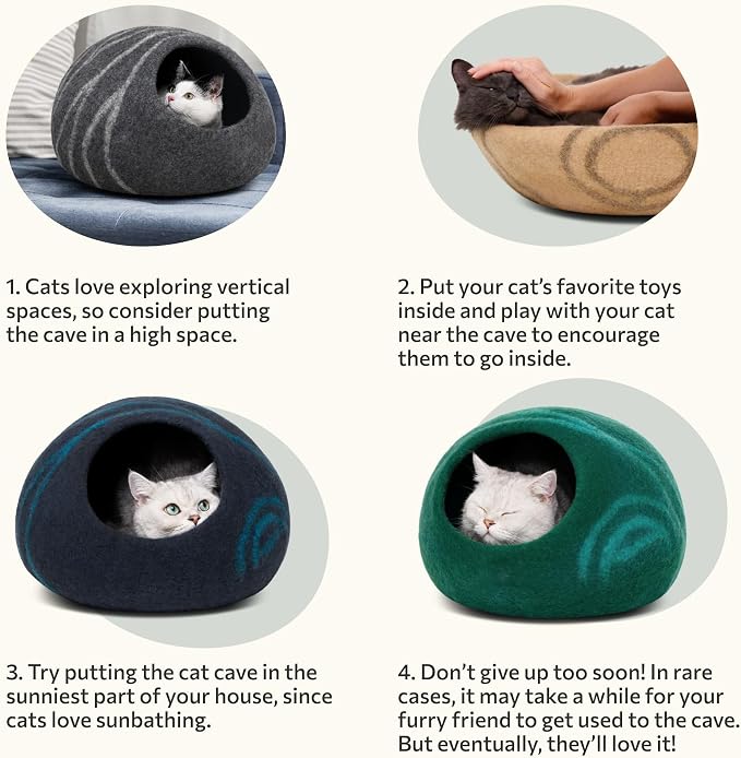 Cat Cave – Premium Felt Cat Bed Enclosure for Indoor Cats, Handmade Merino Wool (Dark Grey, Large)