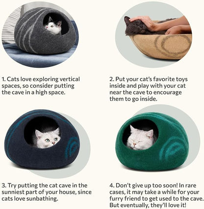 Cat Cave – Premium Felt Cat Bed Enclosure for Indoor Cats, Handmade Merino Wool (Dark Grey, Large)