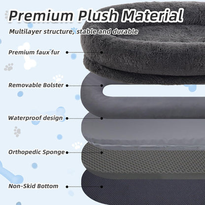 Human Dog Bed, 71''x45''x12'' Size Fits You and Pets, Washable Faux Fur Pet Bed for People Doze Off, Napping Orthopedic Dog Bed, Present Plump Pillow, Blanket, Strap - Dark Grey