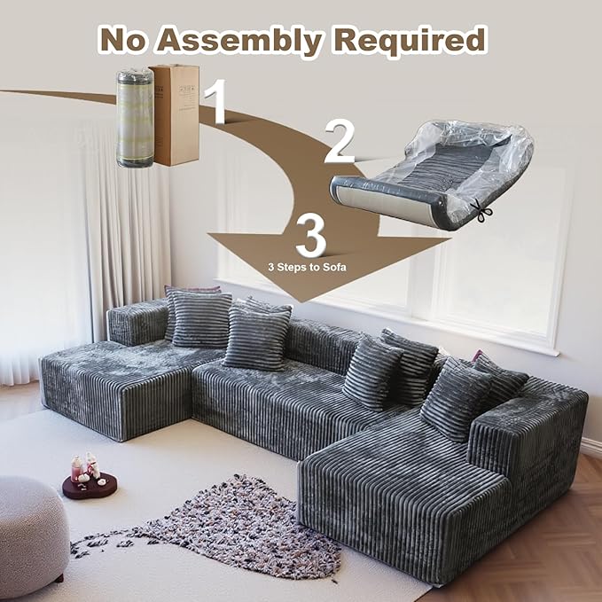 106'' Boneless Couches for Living Room, L Shaped Modular Sectional Sofa with Chaise Lounge, Faux Rabbit Fur & Layered Cushion Deep Seat Cloud Couch, No Assembly (Dark Grey, 130 U Shaped)