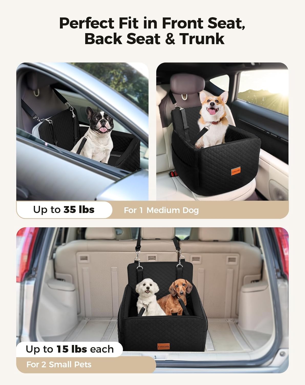 Dog Car Seat for Small & Medium Dogs Under 35lbs, Detachable & Washable Pet Car Seat, Interior Height 6 Inches Pet Travel Bed with Storage Pockets and 2 Dog Safety Belts (Black)