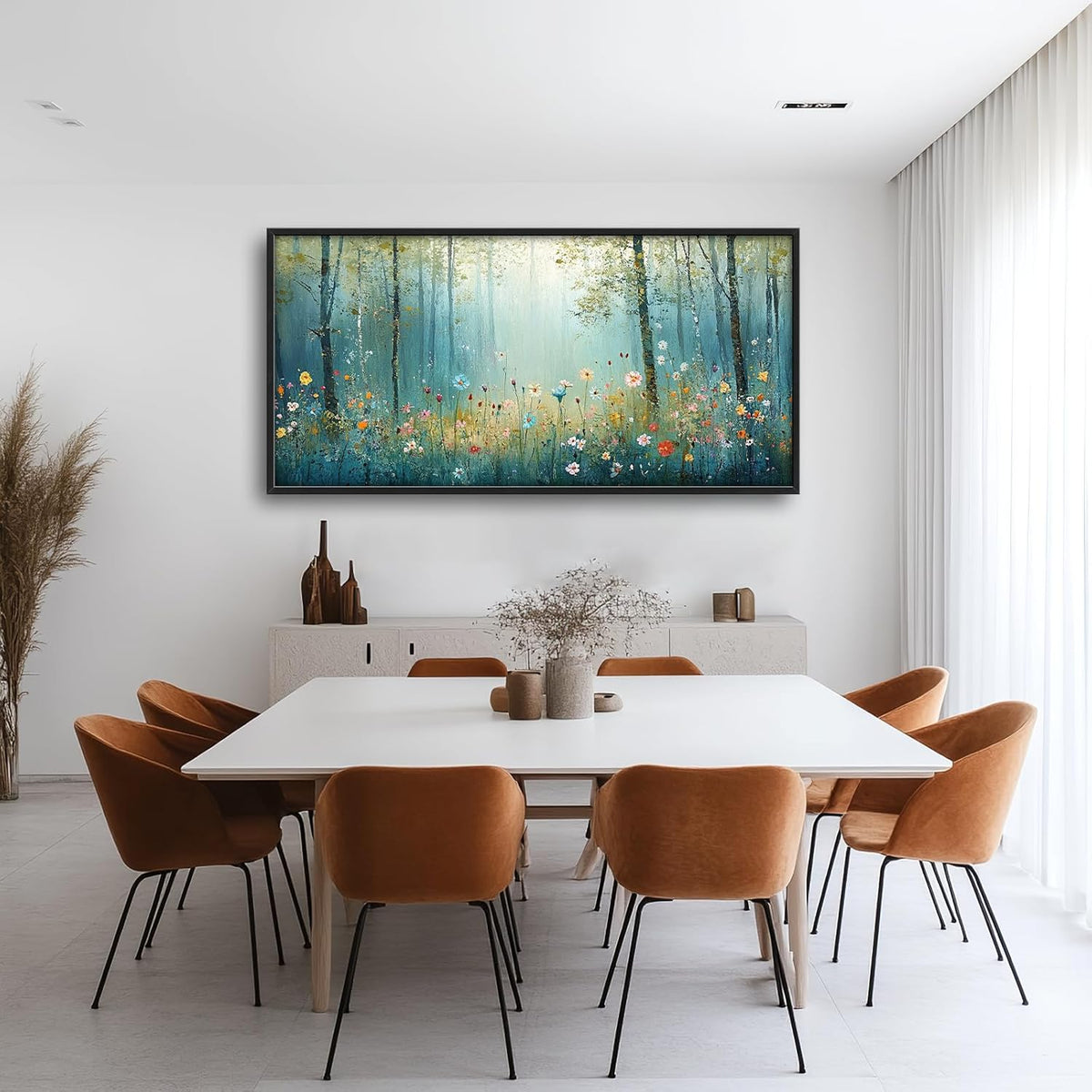Large Forest Tree Wall Art for Living Room, Framed Oversized Wildflowers Wall Decor, Foggy Landscape Canvas Painting Modern Artwork Home Decoration for Dining Room Bedroom Office 60"x30"