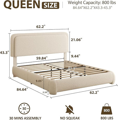 Queen Bed Frame, Teddy Velvet Boucle Bed Frame with 43.3"/45.3" Adjustable Upholstered Headboard, Rounded Corners, Mattress Foundation, No Box Spring Required, Beige