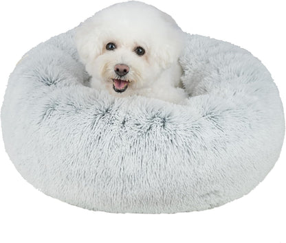 Best Pet Supplies Round Donut Dog Bed with Plush Faux Fur Fabric, Calming, Anti-Anxiety Cushion for Indoor Pets, Slip-Resistant Base, Soft Ergonomic Support - Light Warm Gray, 20x20x6''