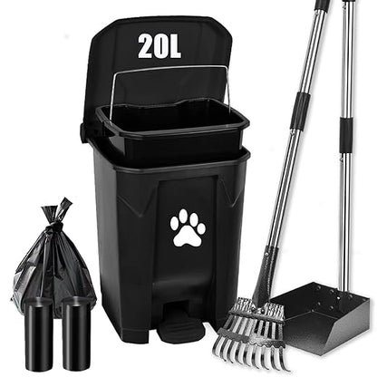 Pooper Scooper for Large Small Dogs, Poop Scooper Set-Long Handle Tray & Rake, Dog Poop Trash Can with Lid for Outdoors Yard Garden, 20L