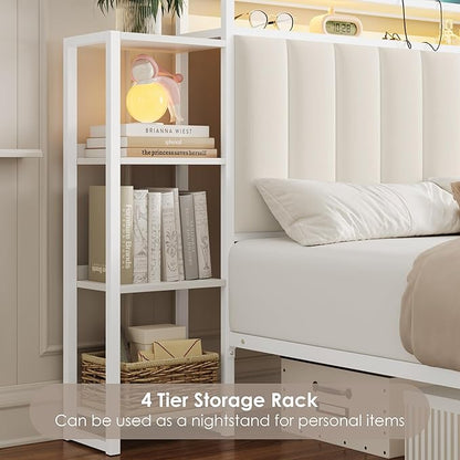 Keyluv Full LED Bed Frame with Storage Headboard & 2 Drawers, Upholstered Platform Bed with Charging Station & Bedside Storage Rack, Metal Slat Support, No Box Spring Needed, Velvet Fabric, White