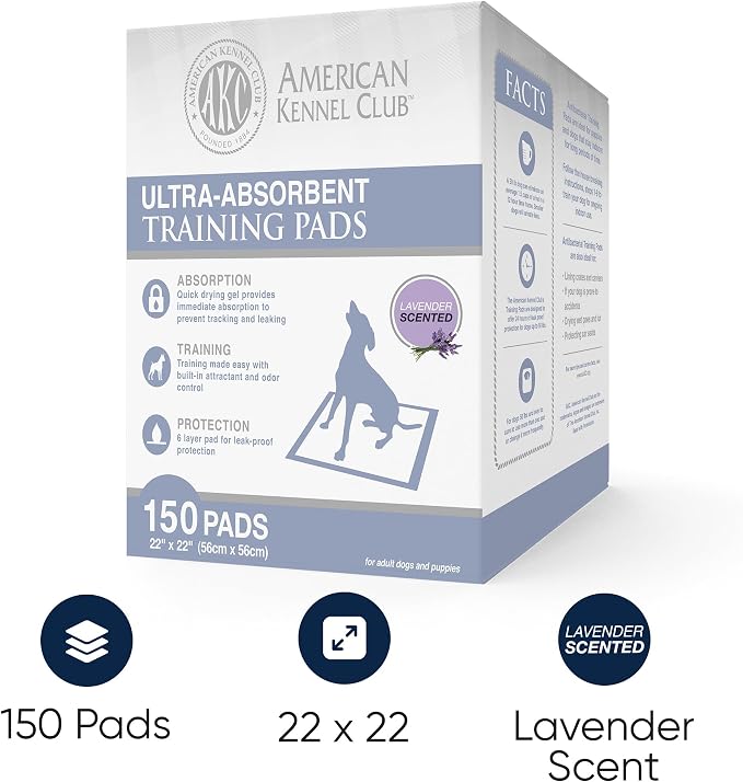 American Kennel Club Ultra Absorbent Odor Control Scented Training Pads For Dogs Leak-proof Quick Dry Gel – 22 x 22 Puppy Pads - Lavender Scented - Pack of 150