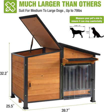 GUTINNEEN Dog House Outdoor Dog Kennel with Chew-Proof Metal Frame, Rotating Food Bowl, PVC Door Curtain, Weatherproof for Small Medium Dogs, 39.7" L x 25.5" W x 32.2" H (Dark Brown)