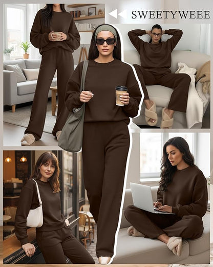 Sweetyweee Women's 2 Piece Outfits Set Fleece Lined Lounge Sweatsuit Crewneck Pullover Top Wide Leg Pants Casual Tracksuit
