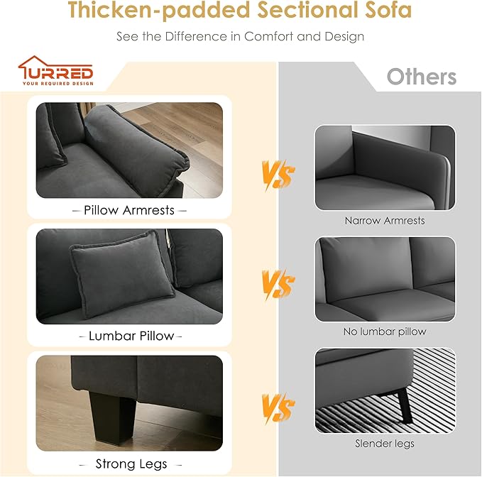 URRED Cloud Couch Modular Sectional Sofa, 122'' Modern L Shaped Deep Seat Sofa with Ottoman & Pillows, Ultra Comfy Velvet Couches for Living Room, Bedroom or Apartment, Dark Gray