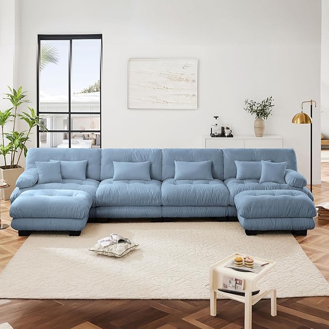 173.2" Oversized Couch, 4 Seater Modular Sectional Sofa, Blue Large U Shaped Sectional Couches for Living Room, Fluffy Chenille Fabric Cloud Couch with Ottoman, Deep Seat Sofas