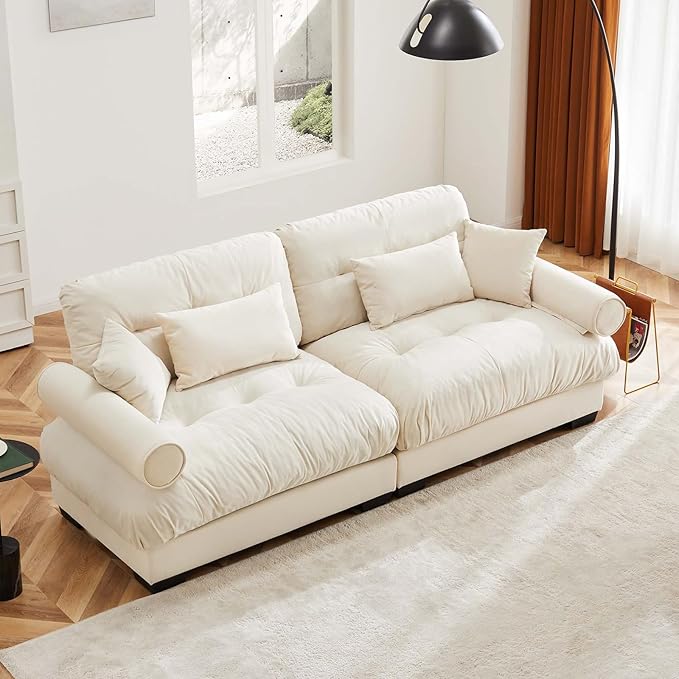93.7” Loveseat Sofa, 2 Seater Modular Sectional Sofa, Beige White Large Sectional Couches for Living Room, Fluffy Couch Set, Love Seat, Velvet Cloud Couch with 4 Pillows, Deep Seat for Living Room